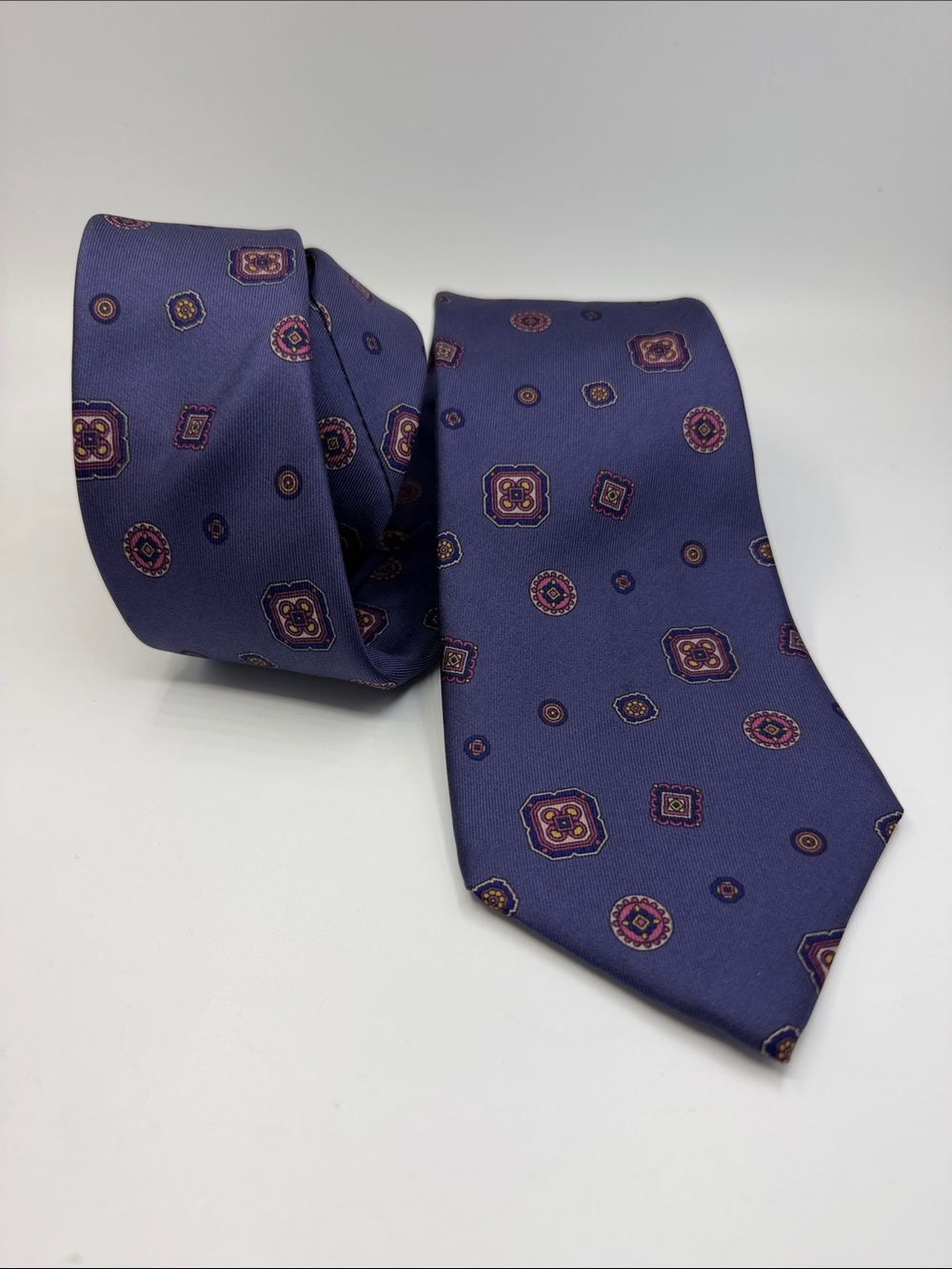 Vintage Geoffrey Beene Silk Tie Geometric Foulard Motif Purple Blue made in USA